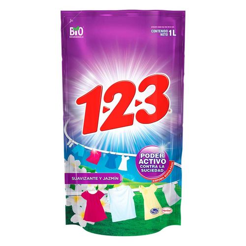 Detergente Líquido 123 Maxi Poder con Suavizante y jazmín 1L