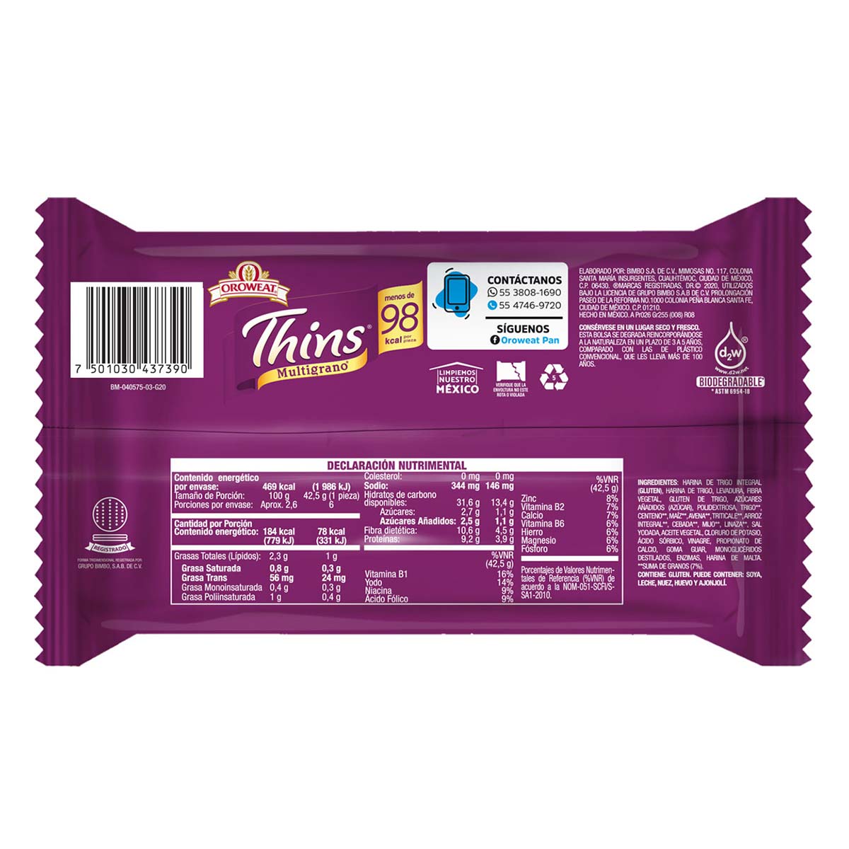 Pan Oroweat Thins Multigrano 255g | Chedraui