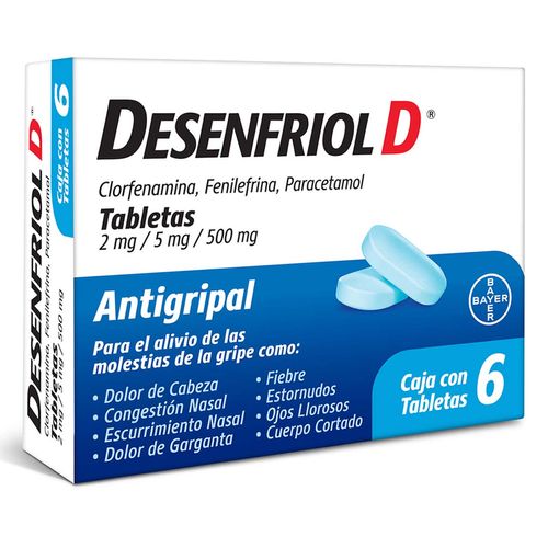 Tabletas Desenfriol-D Antigripal Paracetamol 500mg Caja con 6 Tabletas