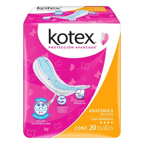 Toallas Femeninas Kotex Anatómica Sin Alas 20 Toallas