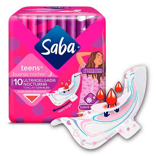 Toallas Femeninas Saba Teens Ultradelgada Nocturna Con Alas 10 Toallas