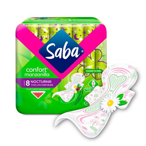 Toallas Femeninas Saba Confort Manzanilla Nocturna con Alas 8 Toallas
