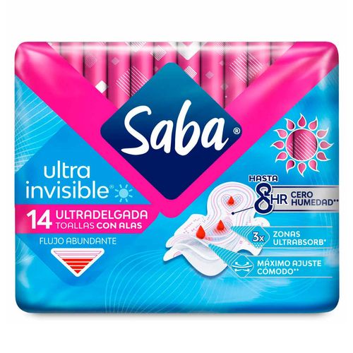 Toallas Femeninas Saba Ultra Invisible Buenos Días Ultradelgada con Alas 14 Toallas