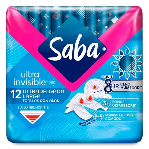Toallas Femeninas Saba Ultra Invisible Buenos Días Ultradelgada Larga con Alas 12 Toallas