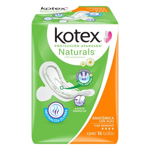 Toallas Femeninas Kotex Naturals Anatómica con Alas 16 Toallas