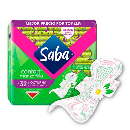 Toallas Femeninas Saba Confort Manzanilla Nocturna con Alas 32 Toallas