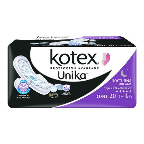 Toallas Femeninas Kotex Unika Nocturna con Alas 20 Toallas