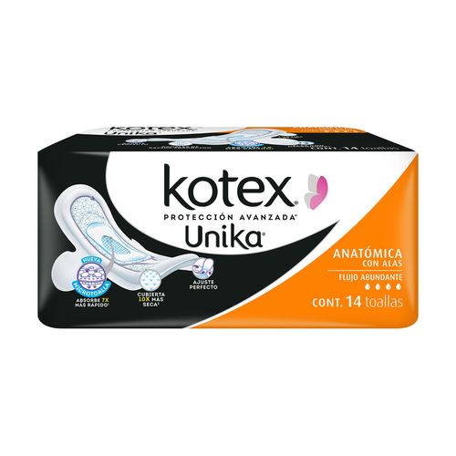 Toallas Femeninas Kotex Unika Anatómica con Alas 14 Toallas