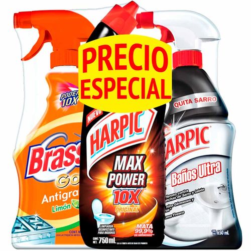 Paquete Harpic Max Power 750ml + Baños ULra 650ml + Brasso Antigrasa 650ml
