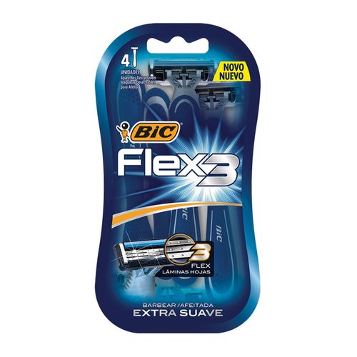Rastrillo Bic Flex 3 Piel Sensible 3 Hojas de Acero Inoxidable 4 Piezas