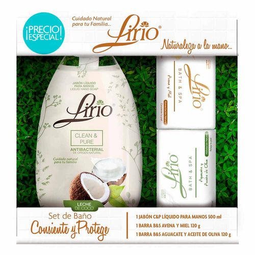 Set de Baño Lirio Jabón Líquido para Manos 500ml + 2 Jabones en Barras de 120g