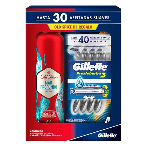 Rastrillos Desechables Gillette Prestobarba3, 3 Rastrillos + Desodorante Old Spice 150ml