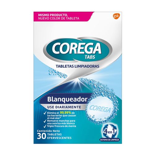 Corega Tabs Blanqueador Tabletas Limpiadoras Efervescentes 30 Unidades