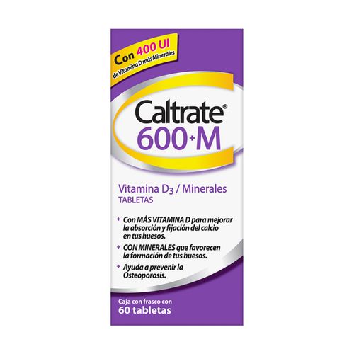 Tabletas Caltrate Suplemento de Calcio 600 +M 600mg / 400 UI Frasco con 60 Tabletas
