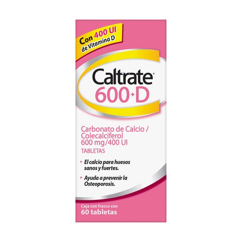 Tabletas Caltrate Suplemento de Calcio 600 +D 600mg / 400 UI Frasco con 60 Tabletas