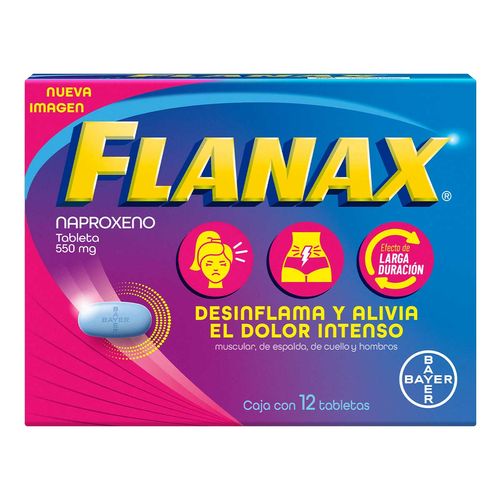 Tabletas Flanax Analgésico para Cólicos Menstruales Caja con 12 Tabletas 550mg