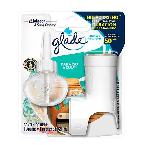 Aromatizante Eléctrico Glade Aceites Naturales Paraíso Azul Aparato y Repuesto 21ml