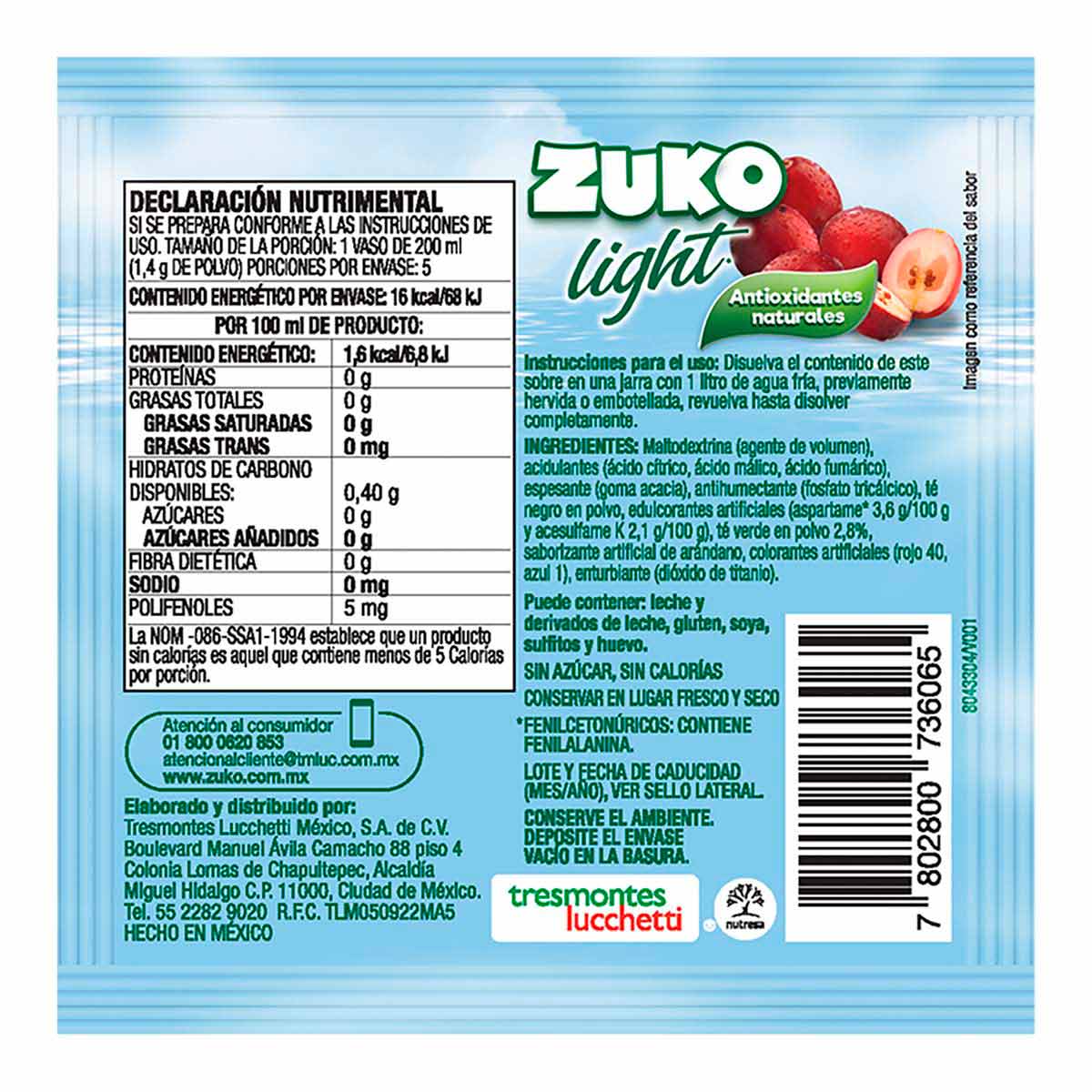 Bebida Instantánea Zuko Light Sabor Arándano 7g | Chedraui
