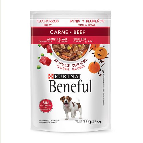 Purina Beneful Cachorros Minis y Pequeños Carne y Arroz Salvaje 100g