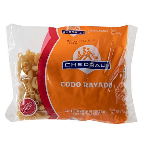 Pasta Chedraui Codo Rayado Semolina de Trigo Duro 180g