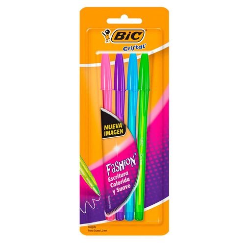 Bolígrafo Bic Cristal Fashion Punto Grueso Colores 4 Piezas