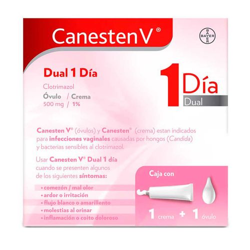 Tratamiento Vaginal Canesten V Dual 1 Día Caja con 1 Óvulo y Crema en Tubo 10g