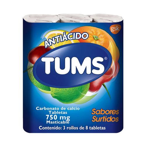 TUMS Antiácido Tabletas Masticables Extra Surtido 24 Tabletas (3 rollos de 8 tabs c/u)