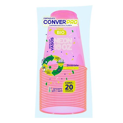 Vasos Desechables Biodegradables ConverPro Rosa Neón 16 Onzas 20 Vasos