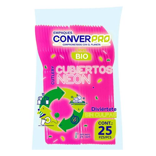 Cucharas Desechables Biodegradables ConverPro Bio Rosa Neón 25 Cucharas