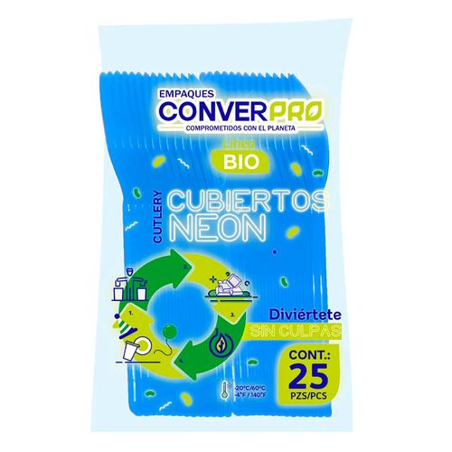Cucharas Desechables Biodegradables ConverPro Bio Azul Neón 25 Cucharas