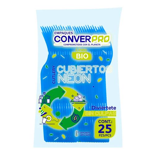 Tenedores Desechables Biodegradables ConverPro Azul Neón 25 Tenedores