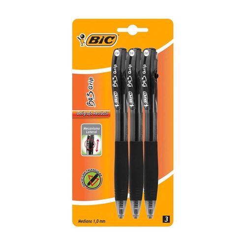 Bolígrafo Bic Bu3 Grip Punto Mediano 3 Piezas Negro