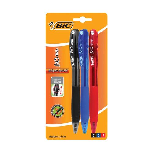 Bolígrafo Bic Bu3 Grip Punto Mediano 3 Piezas Negro, Rojo y Azul