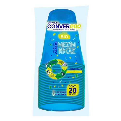 Vasos Desechables Biodegradables ConverPro Azul Neón 16 Onzas 20 Vasos