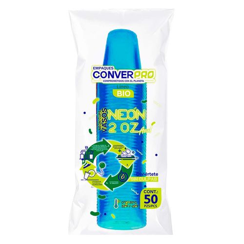 Vasos Desechables Biodegradables ConverPro Azul Neón 50 Vasos
