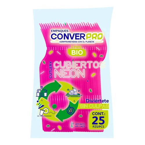 Tenedores Desechables Biodegradables ConverPro Rosa Neón 25 Tenedores