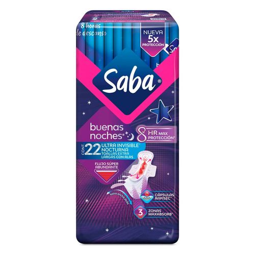 Toallas Femeninas Saba Ultra Invisible Buenas Noches Ultradelgada con Alas 22 Toallas
