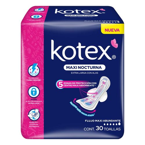 Toallas Femeninas Kotex Maxi Nocturna extra largas con Alas 30 Toallas