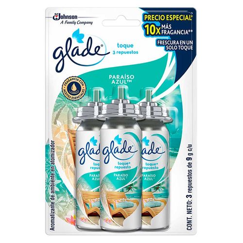 Repuesto para Aromatizante Glade Toque Paraíso Azul 3 Repuestos de 9g