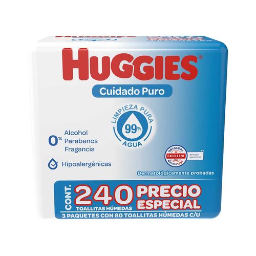 Toallitas Húmedas para Bebé Huggies Cuidado Puro 3 paquetes de 80 Toallitas