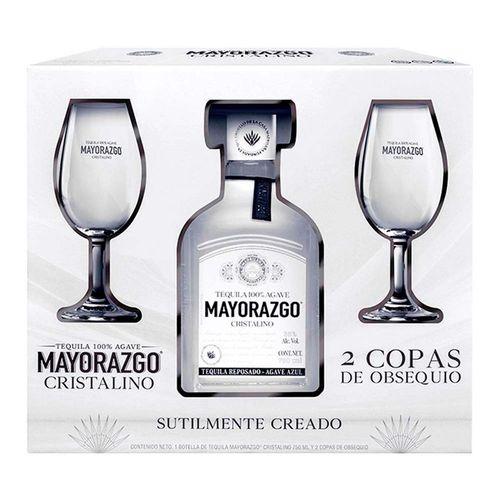 Tequila Mayorazgo Cristalino de 750ml + 2 Copas Tipo Bohemia