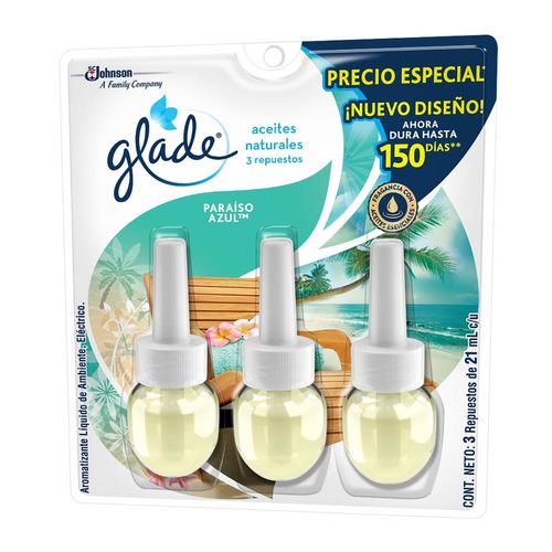 Repuesto de Aromatizante Glade Aceites Naturales Paraíso Azul 3 Repuestos de 21ml