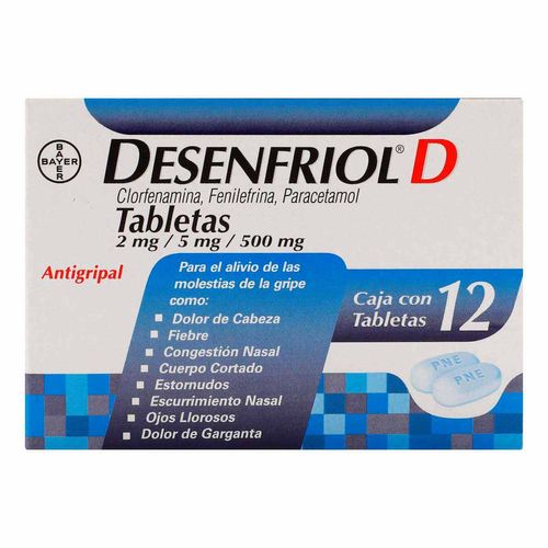 Tabletas Desenfriol-D Antigripal Paracetamol 500mg Caja con 12 Tabletas