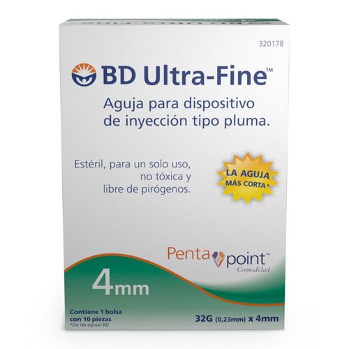 Aguas BD Ultra-Fine para Dispositivo de Inyección Tipo Pluma 4mm Caja con 10 Agujas