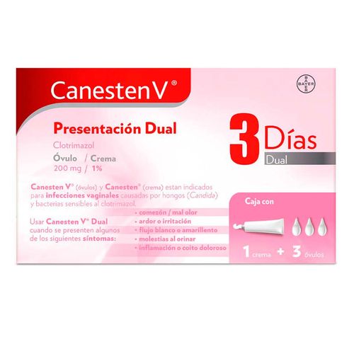 Tratamiento Vaginal Canesten V Dual 3 Días Caja con 3 Óvulos y Crema en Tubo 10g
