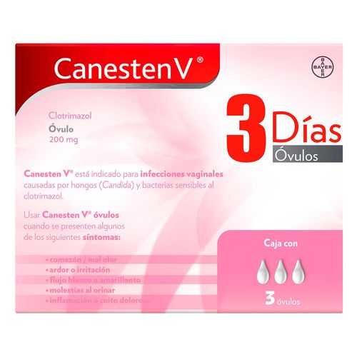 Óvulos Canesten V 3 Días para Síntomas de Candidiasis Vaginal Caja con 3 Óvulos