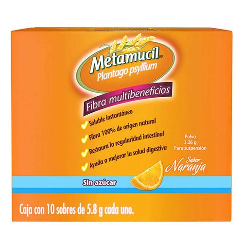 Polvo Solubre Metamucil Fibra Multibeneficios Sabor Naranja 10 Sobres de 5.8g