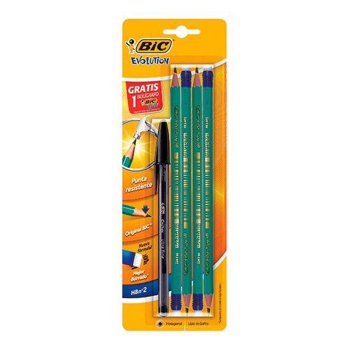 Lápiz de Grafito Bic Evolution 4 Piezas + 1 Bolígrafo
