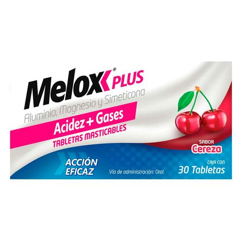 Tabletas Masticables Melox Plus Sabor Cereza Caja con 30 Tabletas.