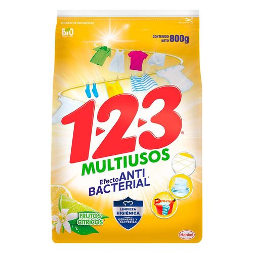 Detergente en Polvo 123 Antibacterial Bolsa 800g